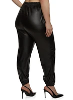 Womens Plus Faux Leather High Waisted Joggers, Black,