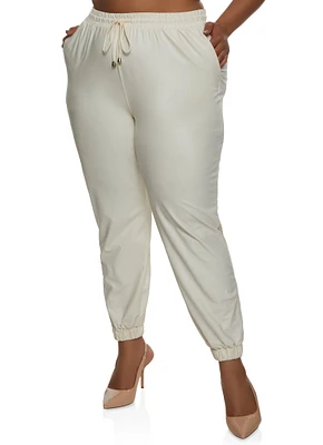 Womens Plus Size Faux Leather High Waisted Joggers, Khaki, Size 1X