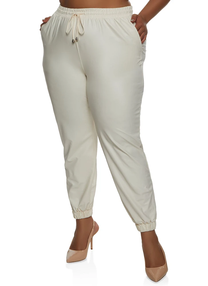 Womens Plus Size Faux Leather High Waisted Joggers, Khaki, Size 2X