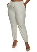 Womens Plus Size Faux Leather High Waisted Joggers, Khaki, Size 2X