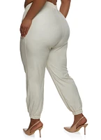 Womens Plus Size Faux Leather High Waisted Joggers, Khaki, Size 2X