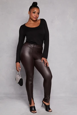 Womens Plus Size Faux Leather Split Hem Pants, Brown, Size 2X