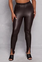 Womens Plus Size Faux Leather Split Hem Pants, Brown, Size 2X