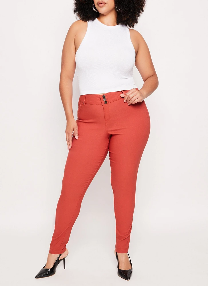 Womens Plus Size Triple Button High Waist Skinny Leg Pants, Orange, Size 1X