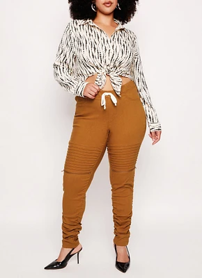 Womens Plus Size Faux Drawstring Moto Ruched Pants, Brown, Size 2X