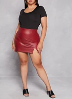 Womens Plus Size Faux Leather Side Slit Skirt, Red, Size 2X