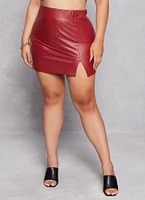 Womens Plus Size Faux Leather Side Slit Skirt, Red, Size 2X