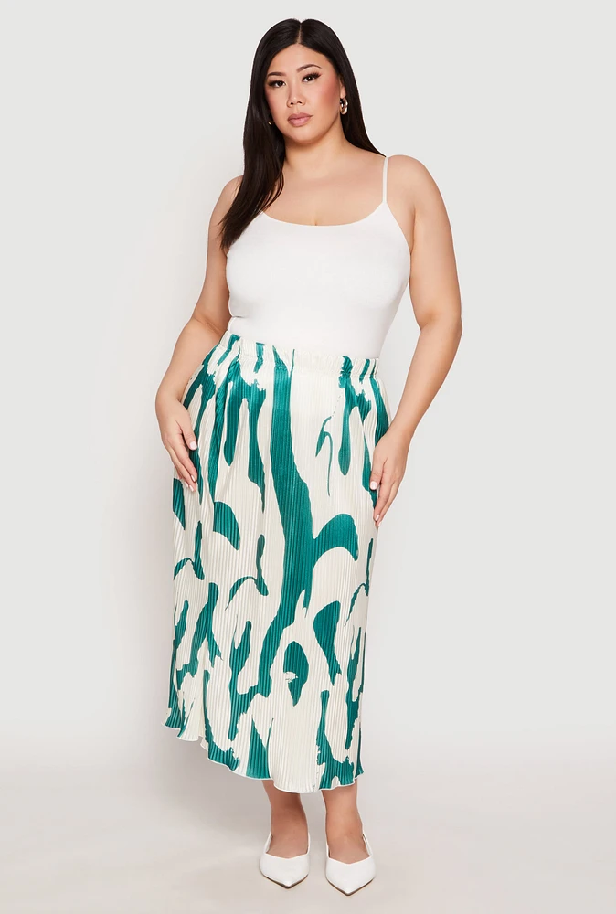 Womens Plus Size Plisse Abstract Print Midi Skirt, Multi, Size 3X