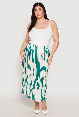 Womens Plus Size Plisse Abstract Print Midi Skirt, Multi, Size 3X