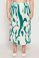 Womens Plus Size Plisse Abstract Print Midi Skirt, Multi, Size 3X