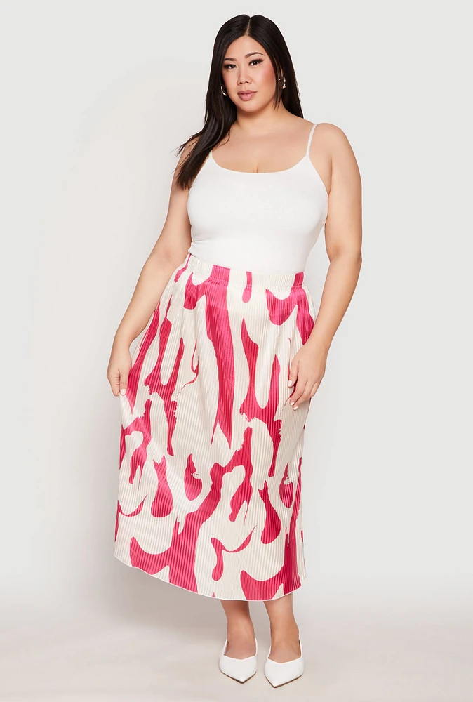 Womens Plus Size Plisse Abstract Print Midi Skirt, Multi, Size 1X