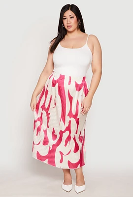 Womens Plus Size Plisse Abstract Print Midi Skirt, Multi, Size 1X