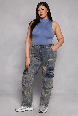 Womens Plus Size Spoon Jeans Distressed Acid Wash Jeans, Blue, Size 3X