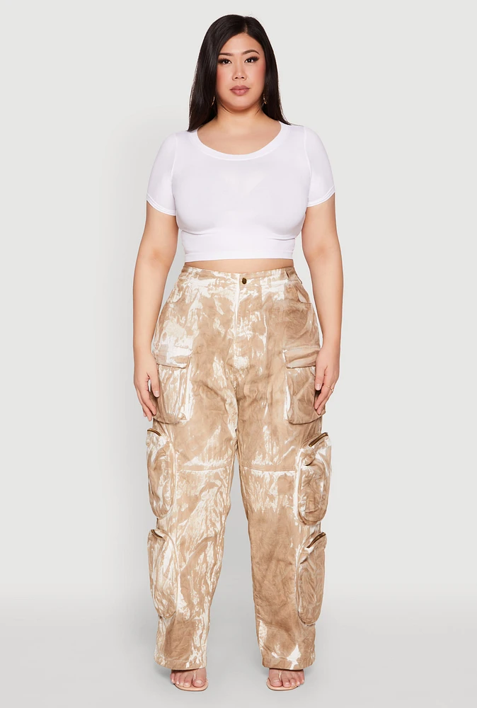 Womens Plus Size Printed Pattern Cargo Pants, Beige, Size 2X