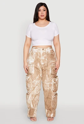 Womens Plus Size Printed Pattern Cargo Pants, Beige, Size 2X
