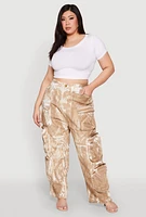 Womens Plus Size Printed Pattern Cargo Pants, Beige, Size 2X