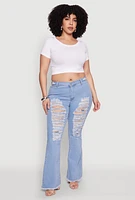 Womens Plus Size Ripped Distressed Flare Jeans, Blue, Size 22