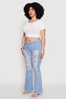Womens Plus Size Ripped Distressed Flare Jeans, Blue, Size 22