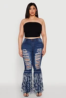 Womens Plus Size Distressed Fringe Hem Flare Jeans, Blue, Size 20