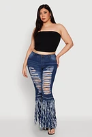 Womens Plus Size Distressed Fringe Hem Flare Jeans, Blue, Size 20