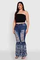 Womens Plus Size Distressed Fringe Hem Flare Jeans, Blue, Size 20