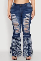 Womens Plus Size Distressed Fringe Hem Flare Jeans, Blue, Size 20