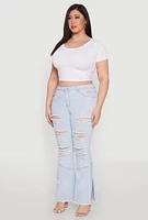 Womens Plus Size Distressed Flared Jeans, Blue, Size 18
