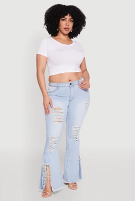 Womens Plus Size Split Hem Distressed Flare Jeans, Blue, Size 22