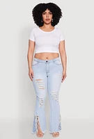 Womens Plus Size Split Hem Distressed Flare Jeans, Blue, Size 22