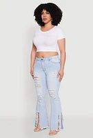 Womens Plus Size Split Hem Distressed Flare Jeans, Blue, Size 22