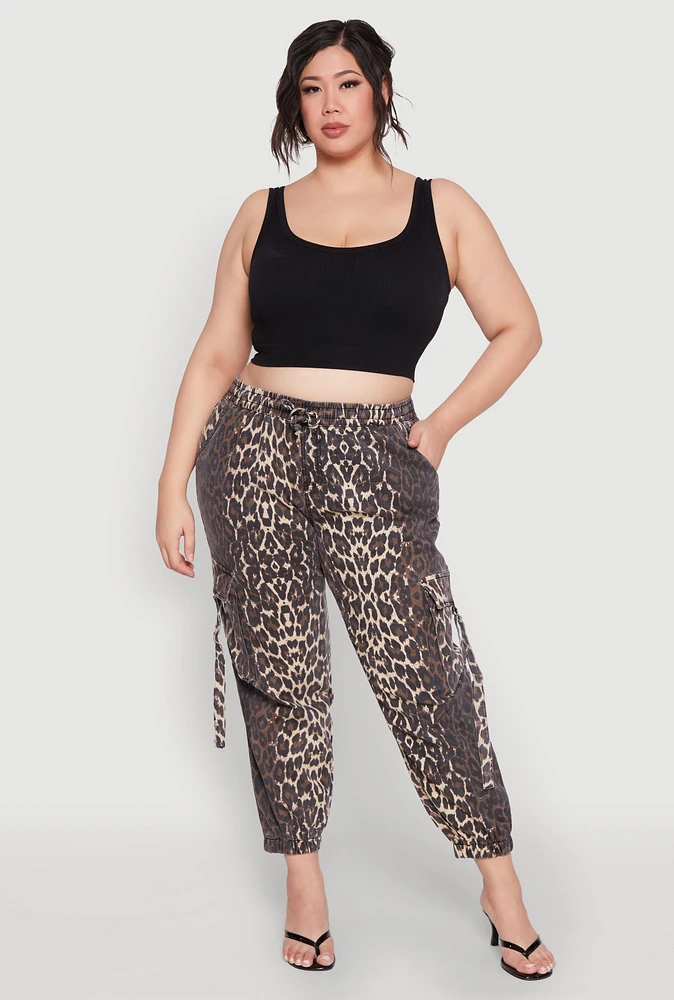 Womens Plus Size Leopard Print Denim Cargo Joggers, Brown, Size 3X