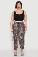 Womens Plus Size Leopard Print Denim Cargo Joggers, Brown, Size 3X