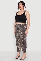 Womens Plus Size Leopard Print Denim Cargo Joggers, Brown, Size 3X