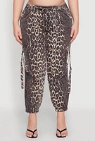 Womens Plus Size Leopard Print Denim Cargo Joggers, Brown, Size 3X