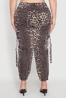 Womens Plus Size Leopard Print Denim Cargo Joggers, Brown, Size 3X