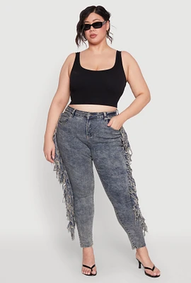 Womens Plus Size Mineral Wash Side Fringe Jeans, Blue, Size 22