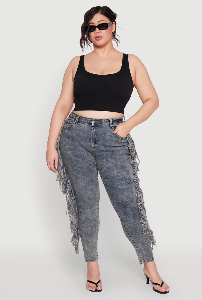 Womens Plus Size Mineral Wash Side Fringe Jeans, Blue, Size 16