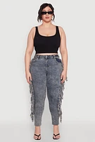 Womens Plus Size Mineral Wash Side Fringe Jeans, Blue, Size 16
