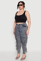 Womens Plus Size Mineral Wash Side Fringe Jeans, Blue, Size 16