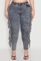 Womens Plus Size Mineral Wash Side Fringe Jeans, Blue, Size 16