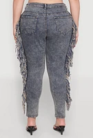 Womens Plus Size Mineral Wash Side Fringe Jeans, Blue, Size 16
