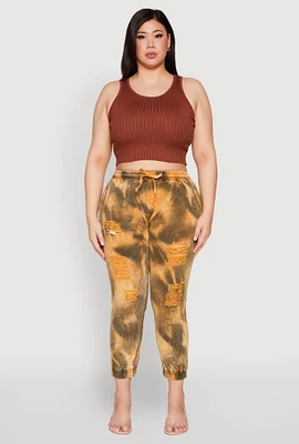 Womens Plus Size Mineral Wash Distressed Denim Joggers, Multi, Size 2X