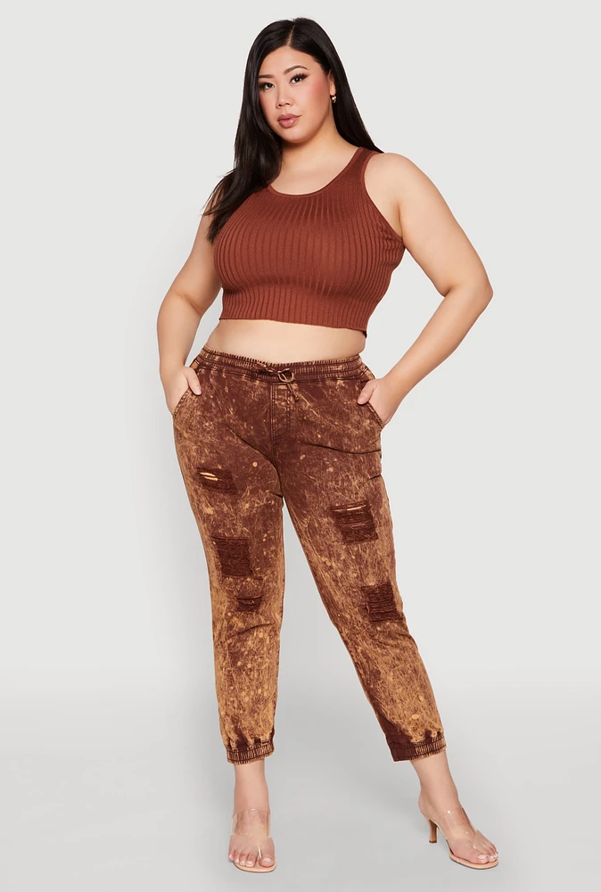 Womens Plus Size Mineral Wash Distressed Denim Joggers, Brown, Size 1X
