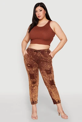 Womens Plus Size Mineral Wash Distressed Denim Joggers, Brown, Size 1X