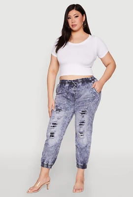 Womens Plus Size Mineral Wash Patch and Repair Denim Joggers, Blue, Size 3X