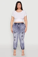 Womens Plus Size Mineral Wash Patch and Repair Denim Joggers, Blue, Size 3X