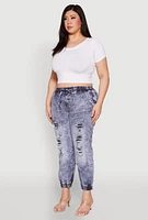 Womens Plus Size Mineral Wash Patch and Repair Denim Joggers, Blue, Size 3X