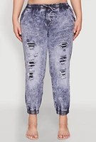 Womens Plus Size Mineral Wash Patch and Repair Denim Joggers, Blue, Size 3X