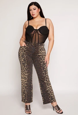 Womens Plus Size Leopard Print Two Tone Jeans, Brown, Size 22