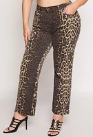 Womens Plus Size Leopard Print Two Tone Jeans, Brown, Size 22